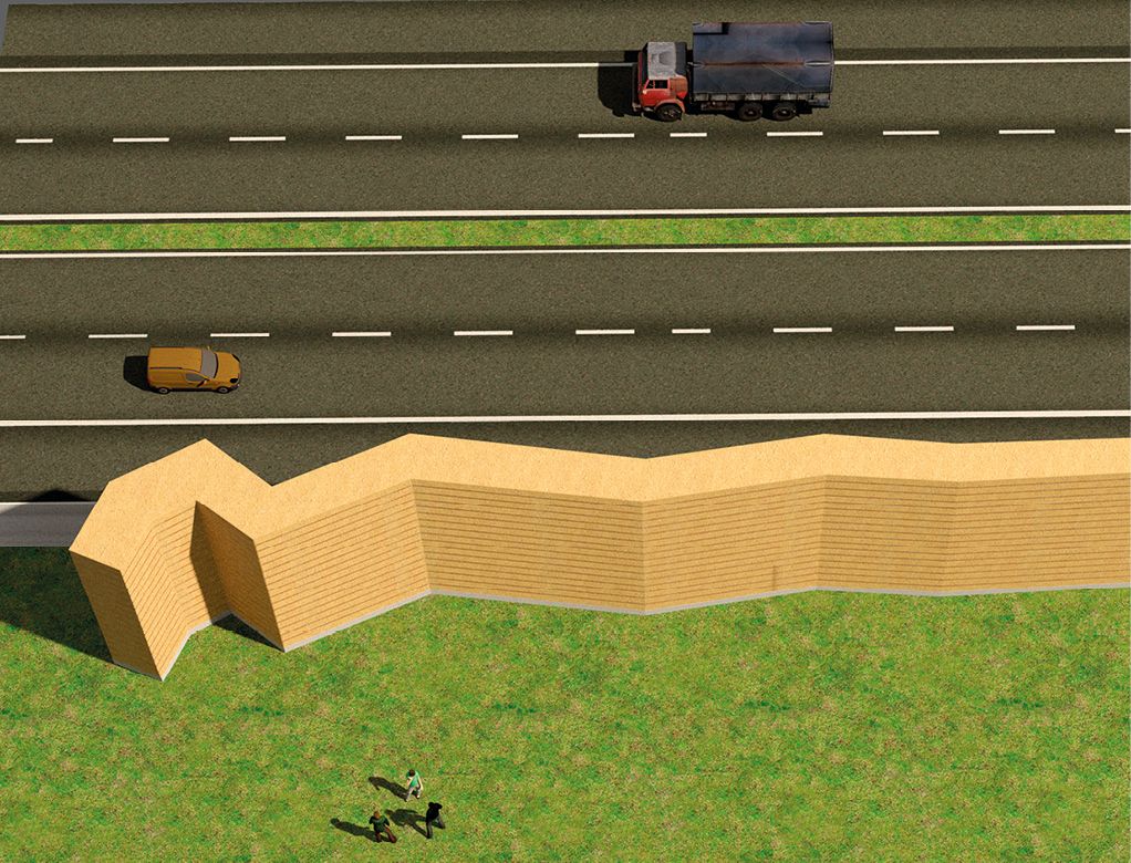 Bild 12b Darstellung der Formgebung am Ende einer Schwerlastwand aus Stampflehm: 3D-Grafik – diese Formgebung ist statisch, akustisch, ökologisch und ästhetisch wirksam; Konzeption der Form: Ute Reeh auf Basis der Berechnungen von Jan Mittelstädt Grafik: Sebastian Bertalan