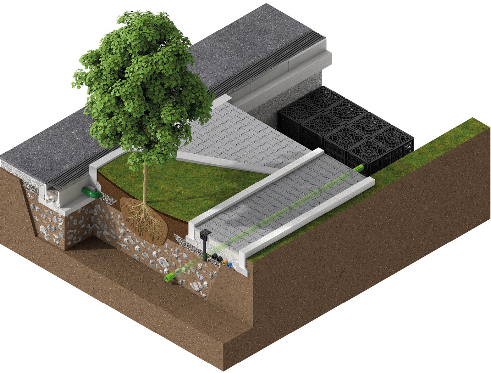 Grafik Baumgrube, die mit gereinigtem Regenwasser bewässert wird
