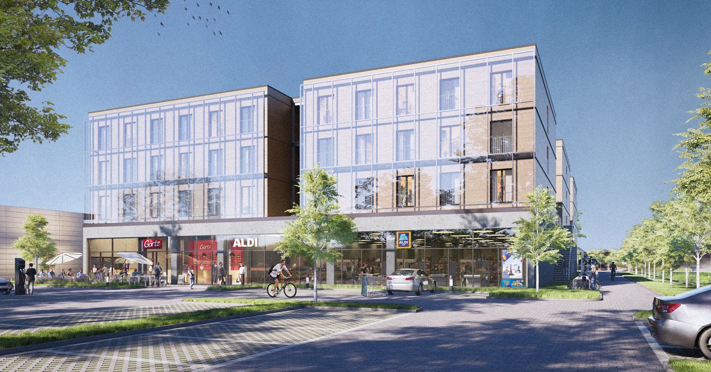 Bild 2 Vorderansicht: Für ALDI SÜD errichtet Wolff & Müller in Mannheim ein Mischgebäude teilweise in Holzmodulbauweise: Im Erdgeschoss entstehen eine Filiale des Discounters und eine Bäckerei, darüber 193 Wohnungen für Studierende. (Quelle: AH Aktiv-Haus GmbH, Entwurfsverfasser)