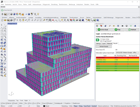 Bild 2c) Tools zur Erstellung von Ökobilanzen: a) Excel-Sheet, b) Grasshopper-Skript mit Cardinal LCA Plug-in [6], c) OneCklick­LCA [7]