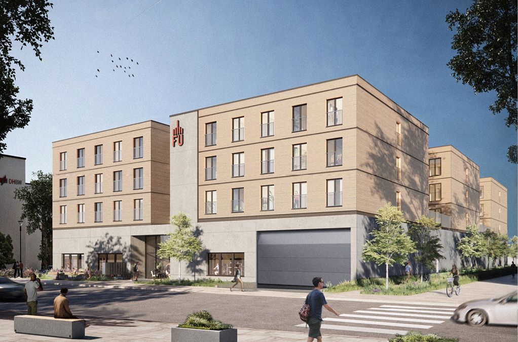 Bild 3 Hinteransicht: Das Gebäude wird sich in unmittelbarer Nähe zum DHBW-Campus befinden und ab Frühjahr 2027 bezugsfähig sein. (Quelle: AH Aktiv-Haus GmbH, Entwurfsverfasser)