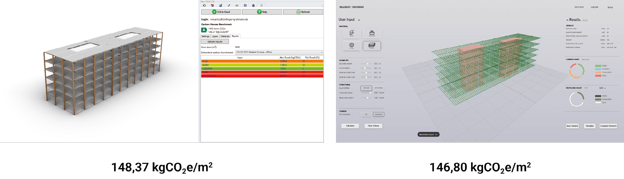 Bild 9 a) und b) Vergleich Structural Web Tool (b) mit OneClickLCA (a)