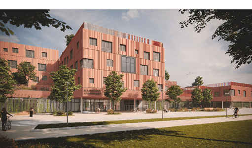 Bild 1 Der Bildungscampus am ehemaligen Nordwestbahnhof in Wien. Bis 2028 entsteht hier ein neuer Bildungsstandort für bis zu 1.600 Kinder – mit einem klaren Fokus auf Kreislaufwirtschaft. (Quelle: Arge Klammer Zeleny / Kronaus Mitterer Architekten)