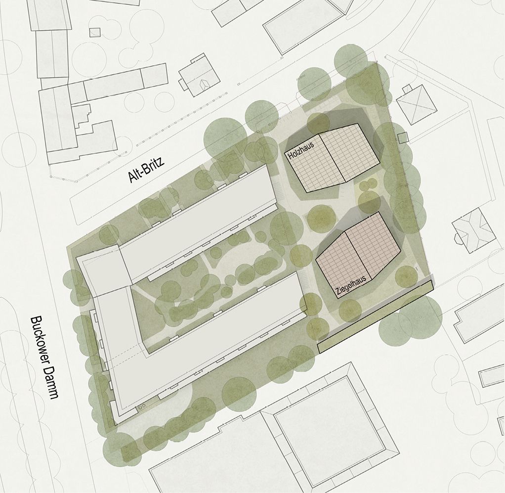 Bild 2 Alt Britz: Lageplan mit Holzhaus im Norden und Ziegelhaus im Süden, Vorentwurfsstand Quelle: Arge ZRS Architekten GvA mbH und Bruno Fioretti Marquez GmbH