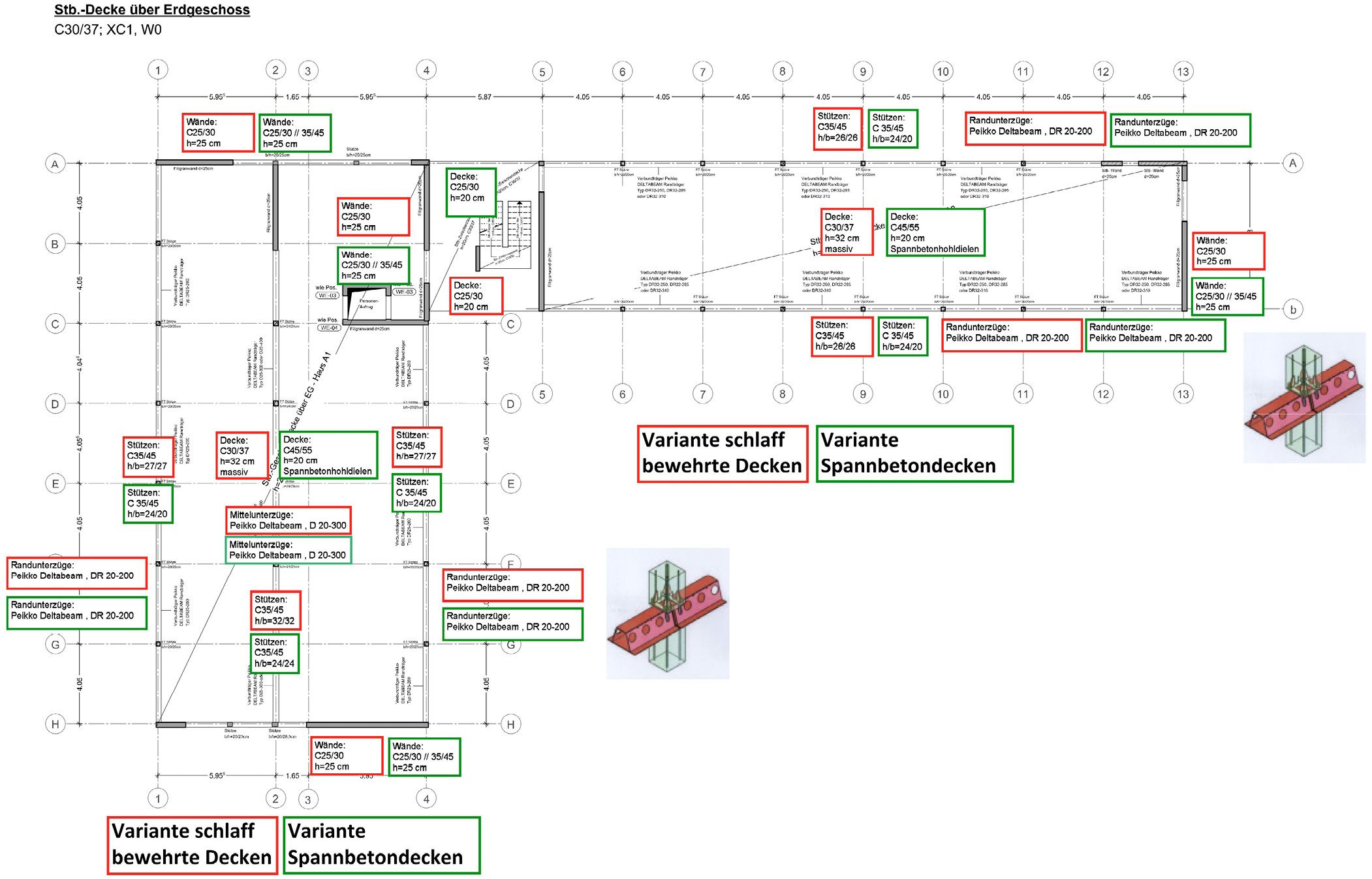 Bild 2 Gegenüberstellung der Tragwerksdimensionierung in der gebauten Version mit Spann­beton-Fertigdecken und in der alternativen Halbfertigteilvariante (exemplarisch Bauteil A, EG-Decke) Quelle: HTW Berlin