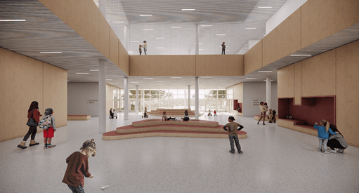 Bild 2 Aula des Bildungscampus Nordwestbahnhof (Quelle: Arge Klammer Zeleny / Kronaus Mitterer Architekten)