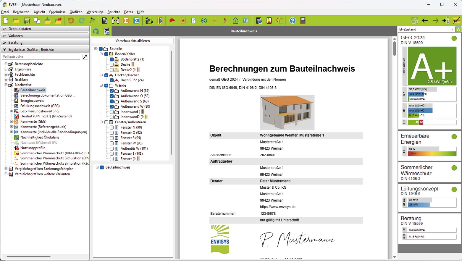 Bild 1 Bauteilnachweis in der Vorschau in EVEBI (Quelle: Envisys)