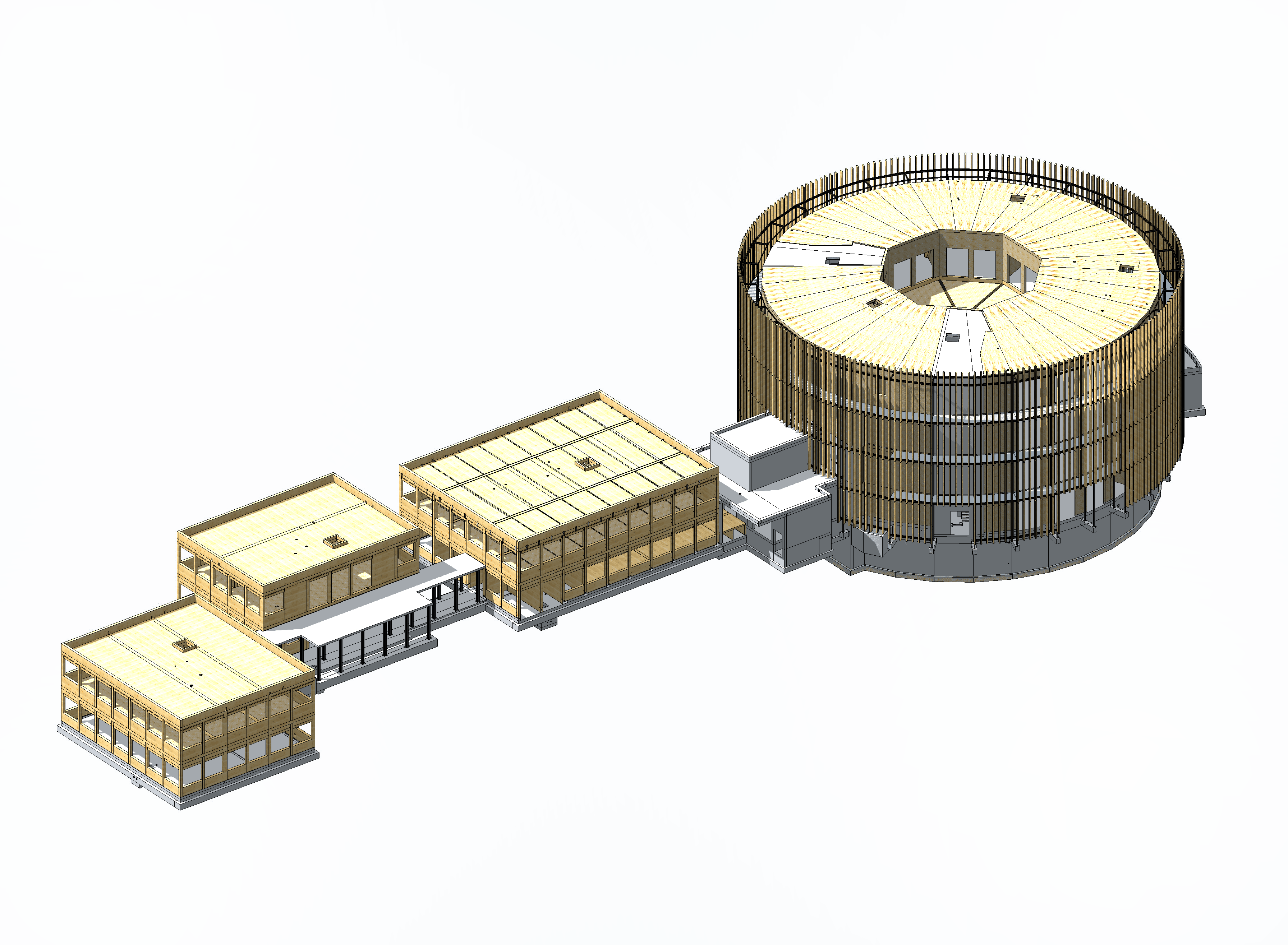 Bild 2 Das Hauptgebäude mit den drei aneinandergereihten Nebengebäuden – alle überwiegend in Holzbauweise – und der Stahlbeton-Zwischenbau (Kulissenlager) als Scharnier zwischen beiden Quelle: Ingenieurgruppe Knörnschild & Kollegen GmbH