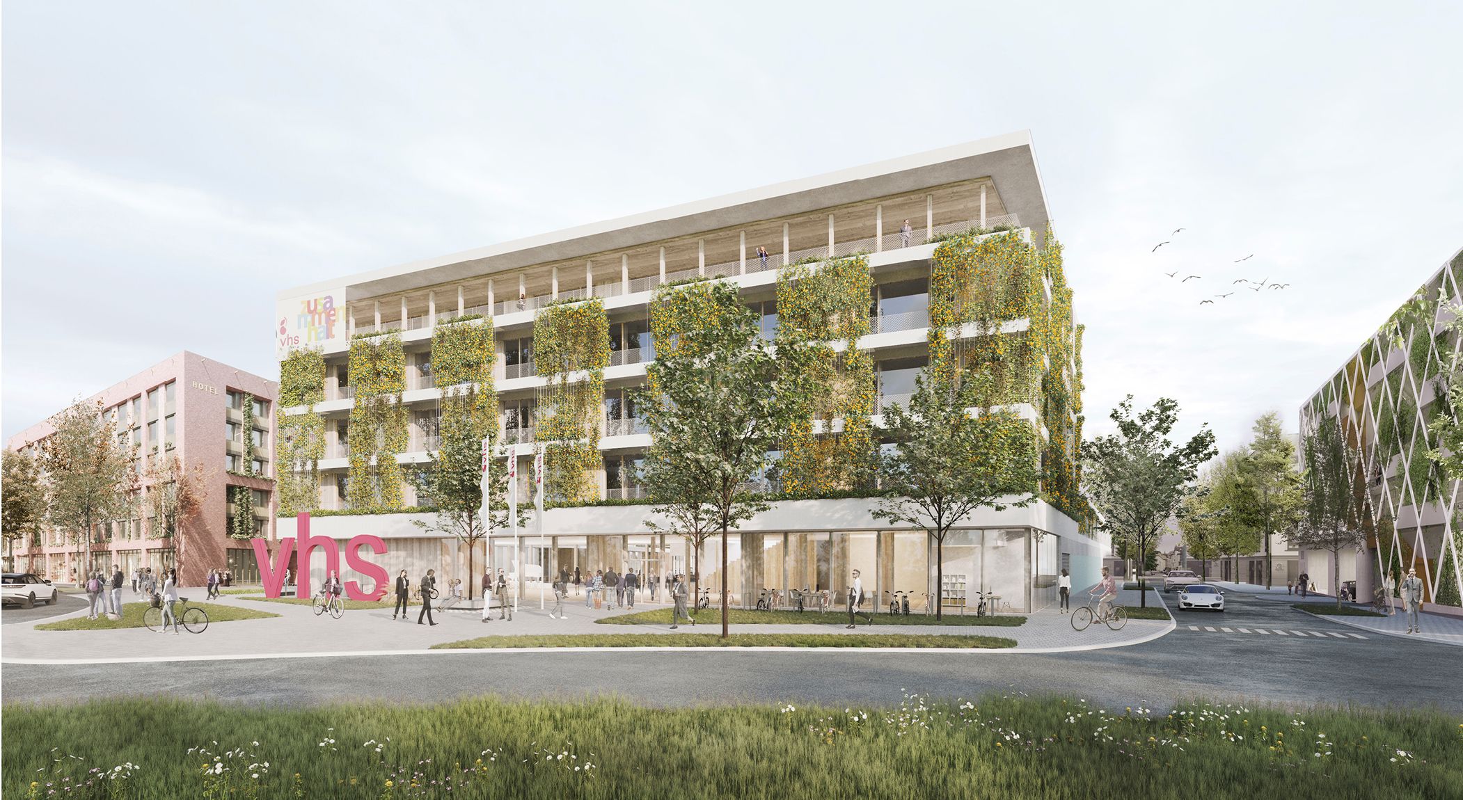 Das Bildungshaus NeckarPark ist das erste öffentliche Holzhybrid‐Schul­gebäude seiner Art in Stuttgart Visualisierung: Glück + Partner