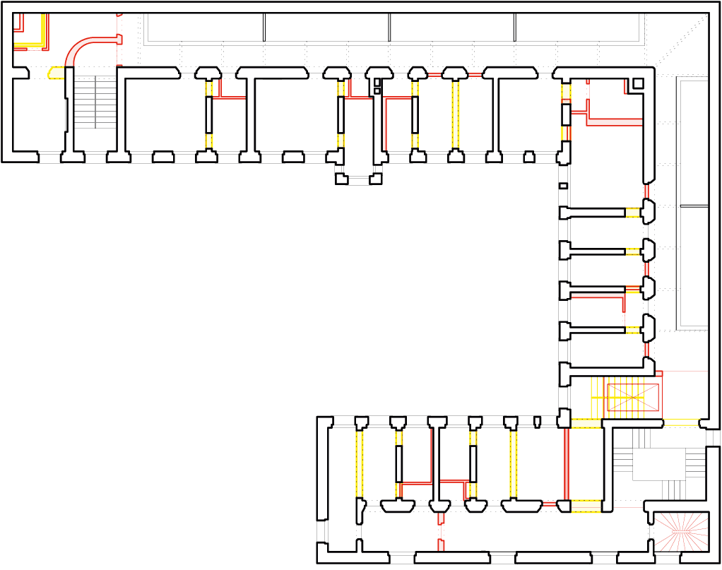 Bild 10 Grundriss Zellentrakt mit Abriss (gelb) und neuen Elementen (rot) Quelle: Grüntuch Ernst Architekten