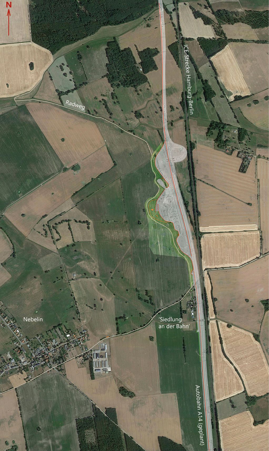 Bild 11 Übersichtsplan des Konzepts Brandenburgs Alhambra an der Bundesautobahn A 14 bei Nebelin (Montage); die Autobahn wird entlang der bereits existierenden ICE-Strecke zwischen Hamburg und Berlin verlaufen, der eingezeichnete Radweg ist Teil des Konzepts und existiert derzeit erst im Bereich zwischen Nebelin und der Siedlung an der Bahn Quelle: Ute Reeh / Zentrum für Peripherie