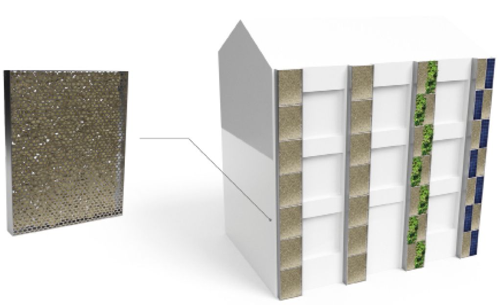 Bild 5 Designkonzept Vertical Water Sponge – Modul mit einem wasserspeichernden Kern aus mineralischen Materialien (a) und Montagesituation am Gebäude (b) mit möglicher Funktionalisierung durch eine Begrünung oder Photovoltaik Quelle: Fraunhofer UMSICHT