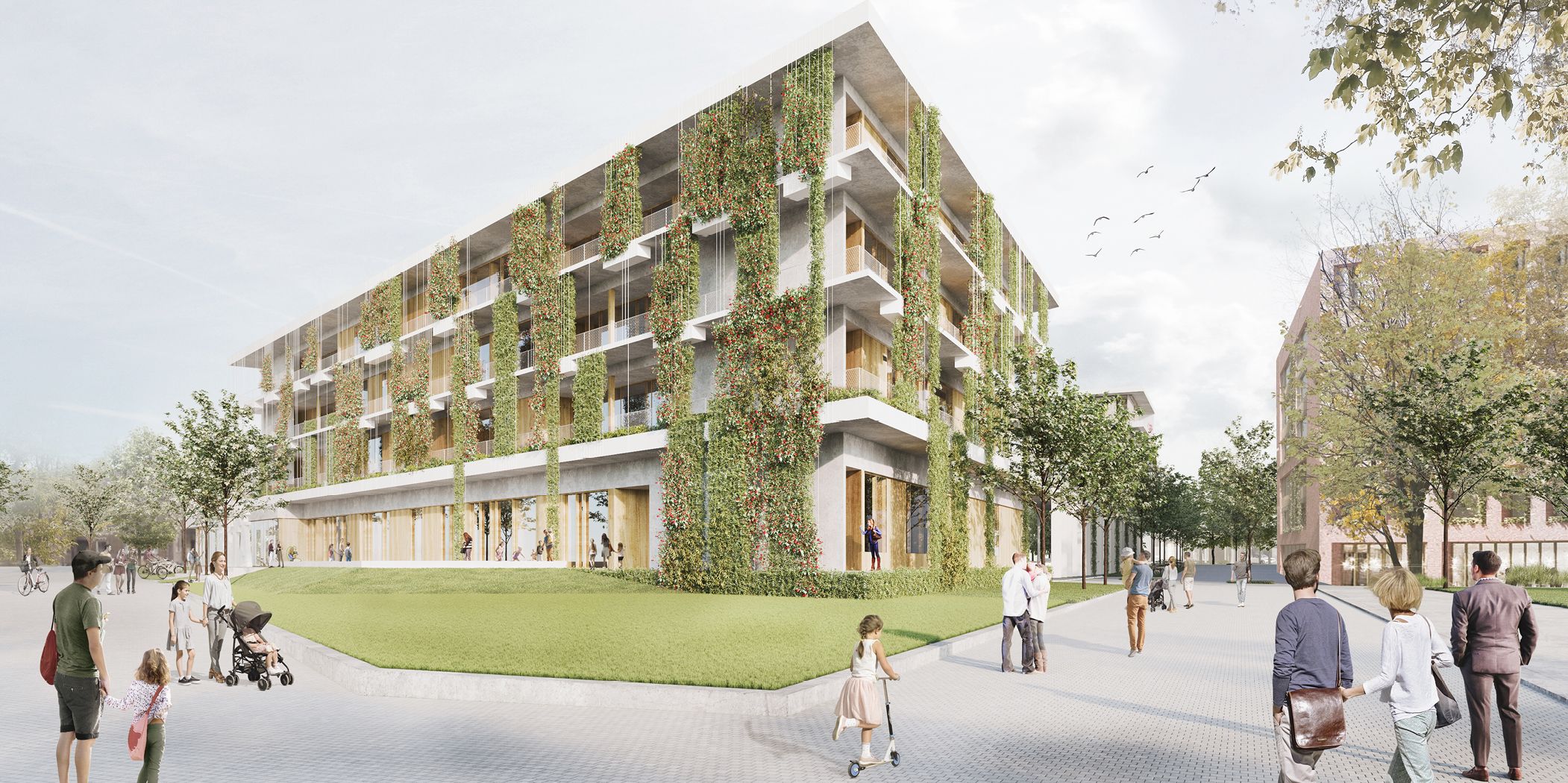 Bild 1 Holzhybridbau mit begrünter Fassade: Das Bildungshaus kombiniert die innovative Bauweise mit einem modernen Lern­konzept