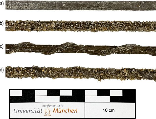 Neu entwickelte profilierte Hanfbastbewehrungsstäbe: a) fein besandet, b) grob besandet, c) umwickelt und d) grob besandet + umwickelt