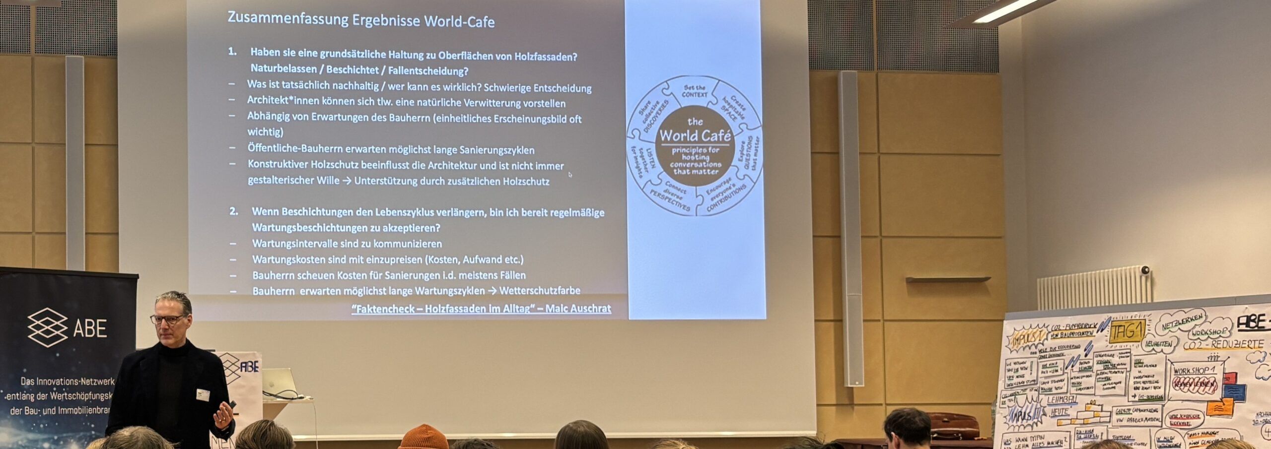 Volles Haus: Spannende Impulse, World-Café-Stationen und Workshops lockten zahlreiche Teilnehmer:innen zur ABE-Fachveranstaltung CO2-reduzierte und -reduzierende Materialien und Baustoffe Quelle: ABE/Manuela Wetzel
