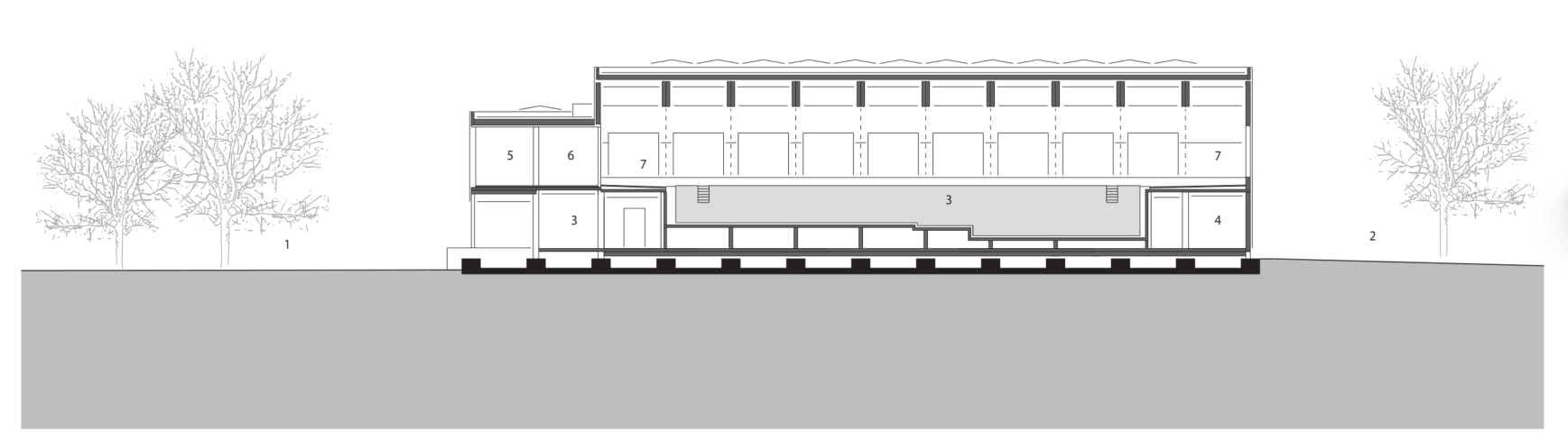 Längsschnitt: 1 Kelterplatz | 2 Fahrradstellplätze | 3 Technikzentrale | 4 Technikbereich | 5 Putzmittelraum | 6 Aufsichtsraum | 7 Beckenumgang; Quelle: 4a Architekten